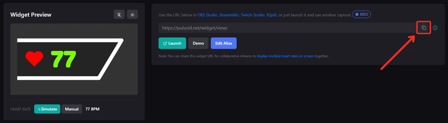 Geometry Dash heart rate widget dashboard shows widget preview with red heart and green 77, plus a highlighted copy icon beside a widget URL and buttons.