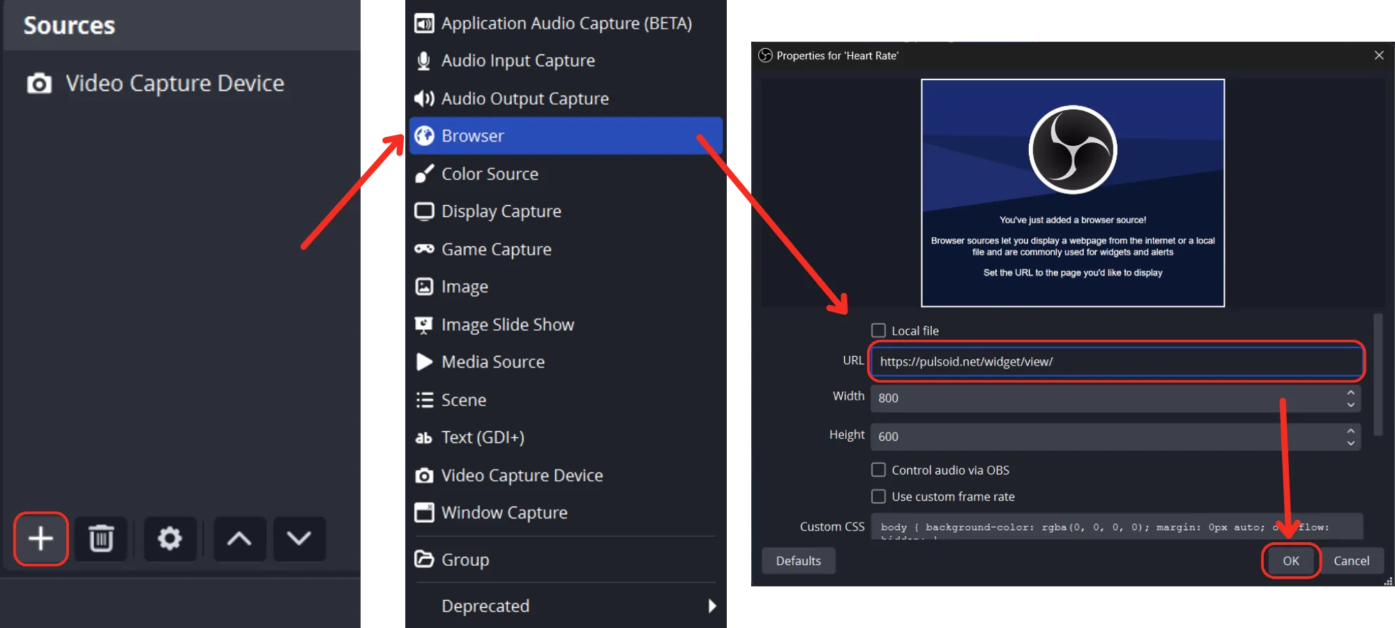 OBS interface showing Browser source selected and URL field filled for a Heart Rate widget, with red arrows highlighting steps