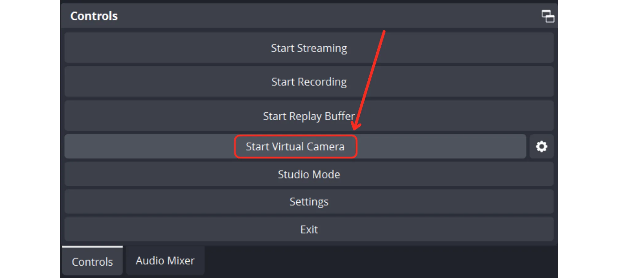 OBS Controls panel with a red arrow highlighting the Start Virtual Camera button