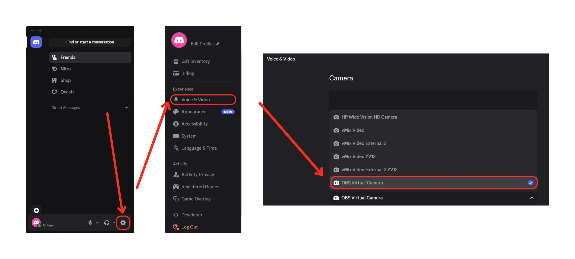 Discord settings tutorial screenshot with red arrows pointing to the gear icon, Voice & Video, and OBS Virtual Camera selection.