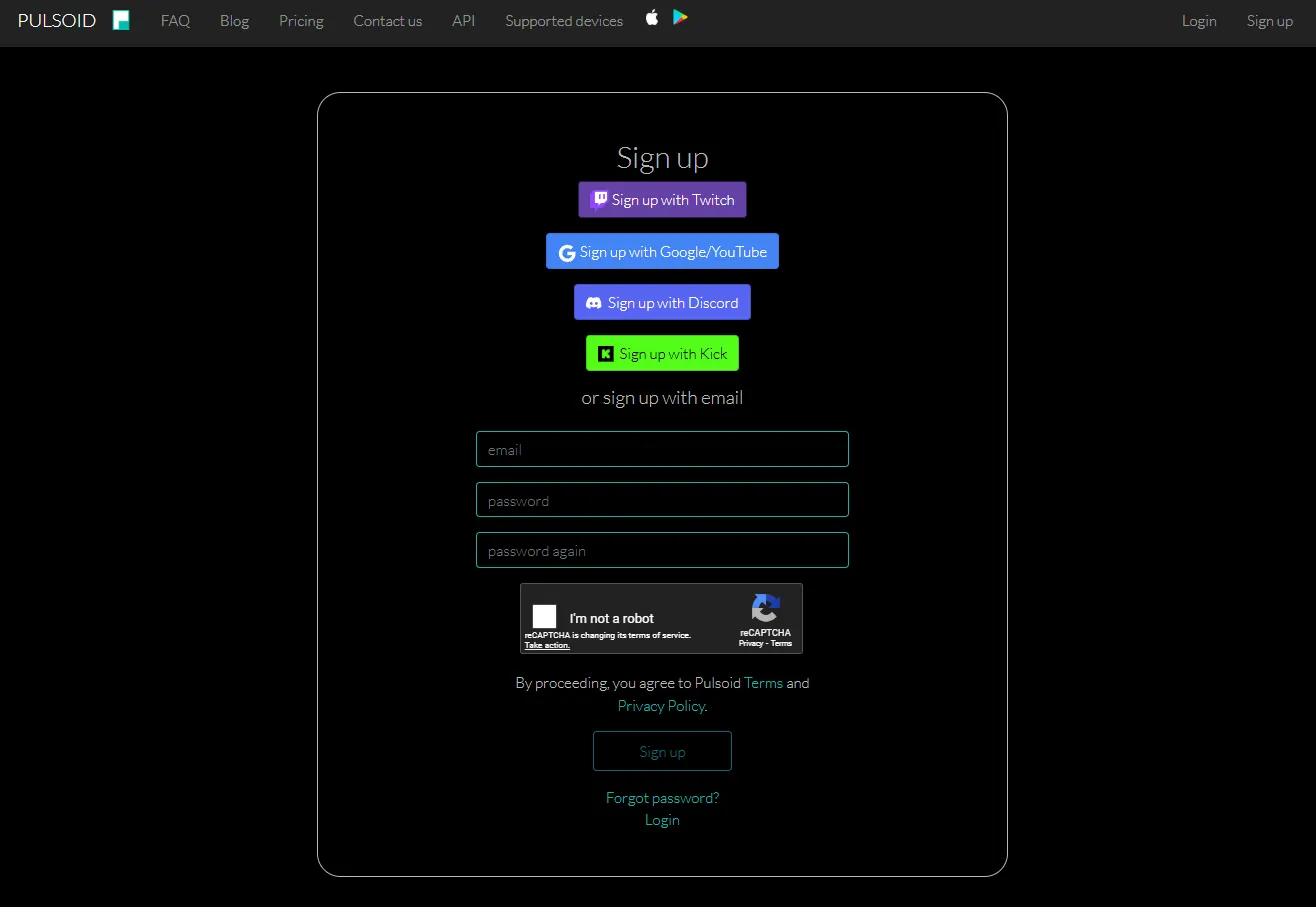 Pulsoid.net sign-up page Pulsoid.net sign-up page