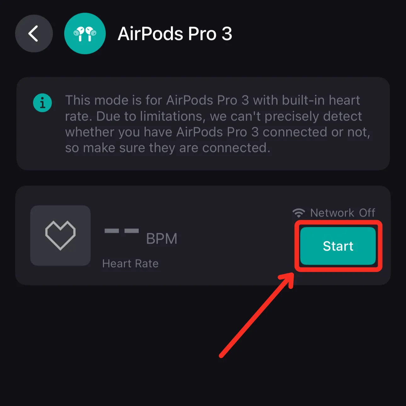 AirPods Pro 3 screen showing heart rate mode. A red arrow points to a teal “Start” button.