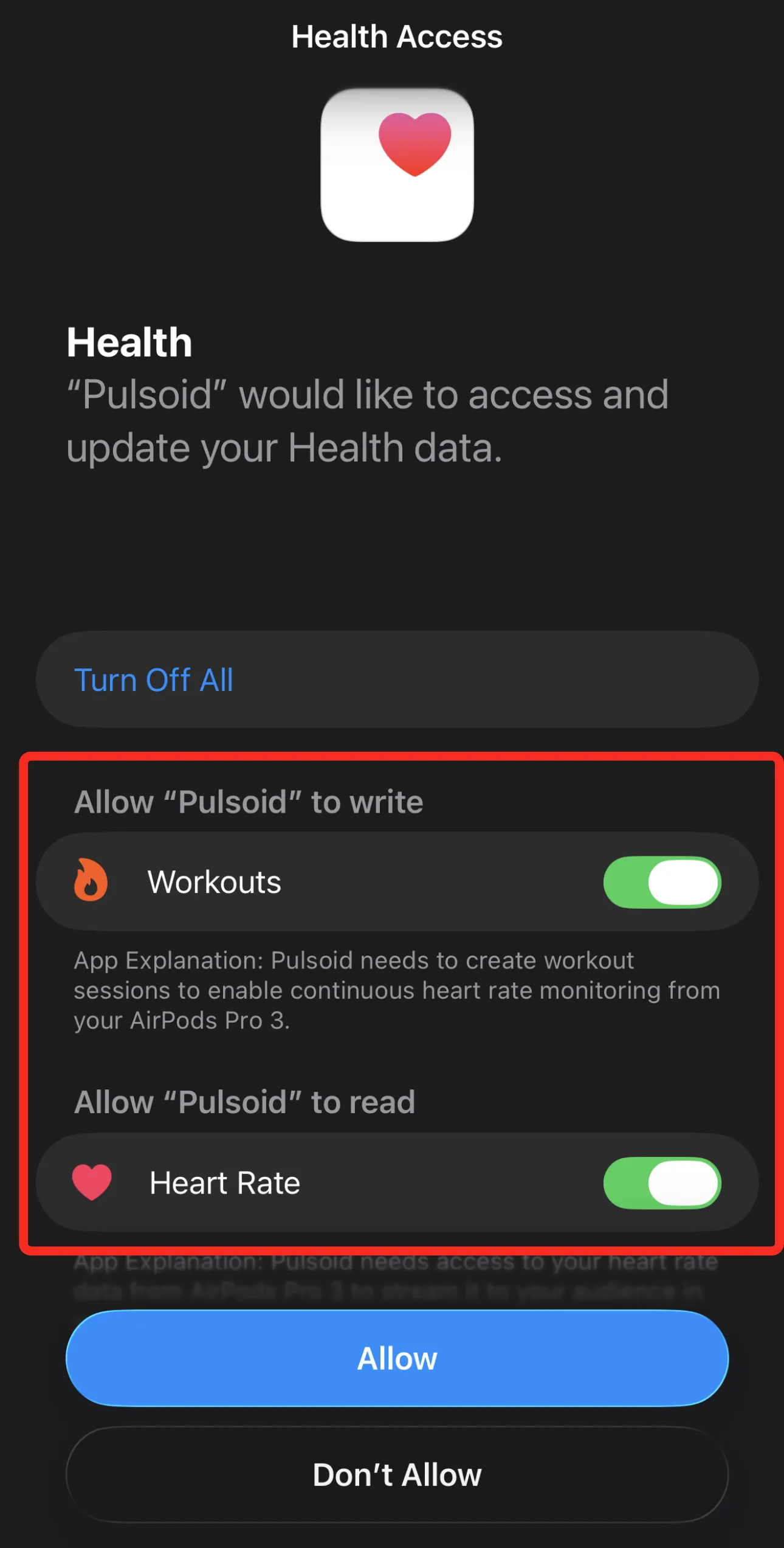 Health Access screen for “Pulsoid” app requesting access for Workouts and read access for Heart Rate. Options: Allow, Don’t Allow.