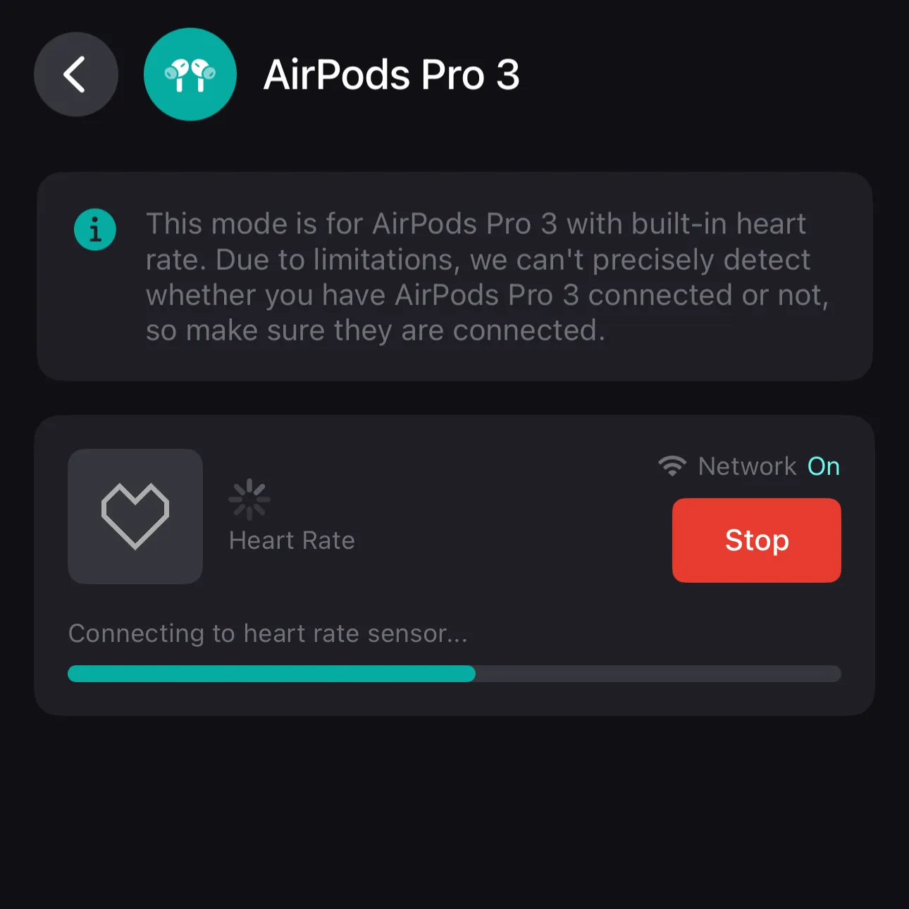 AirPods Pro 3 app screen showing heart rate sensor connection progress
