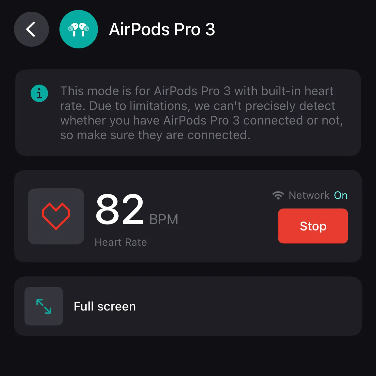 AirPods Pro 3 app screen showing heart rate at 82 BPM, with options for network, stop, and full screen mode on a dark background.
