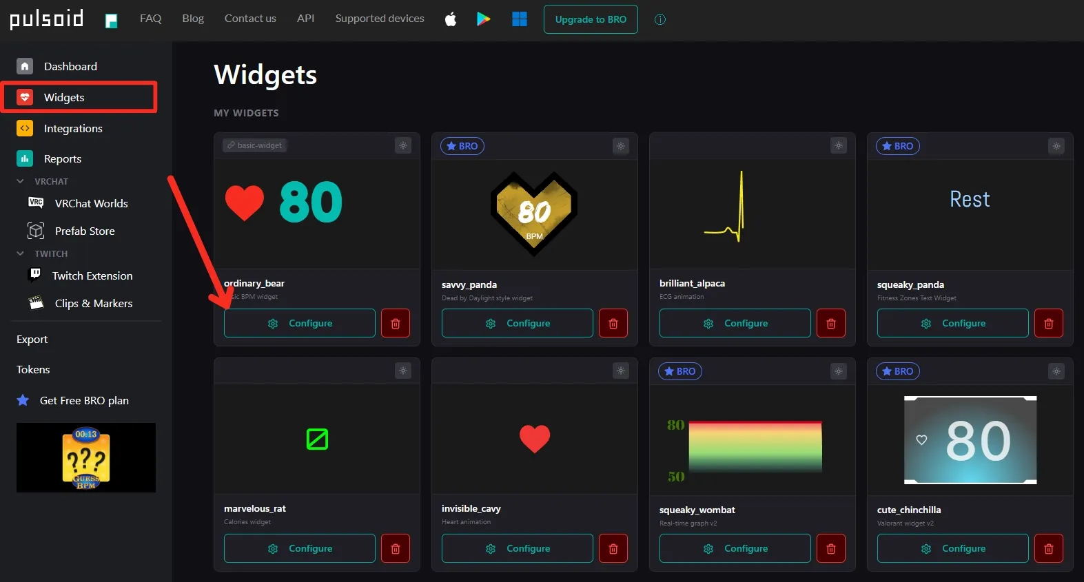 Dashboard showing various widgets with heart rate visuals. Left navigation highlighting “Widgets”. Bright colors and text like “Configure”.