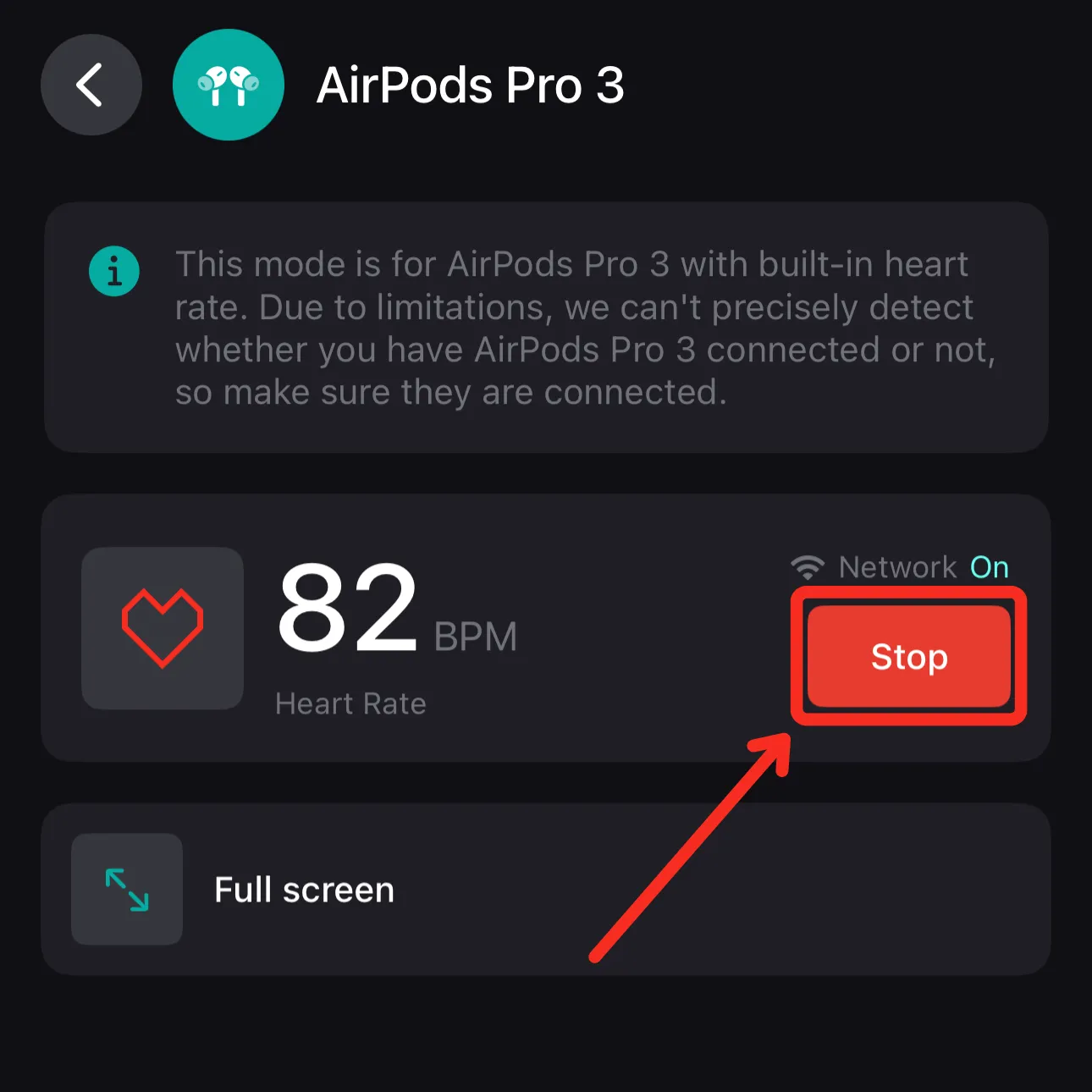 App screen displaying “AirPods Pro 3” heart rate at 82 BPM. Red “Stop” button highlighted. Dark background, green info icon.