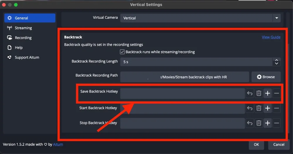 backtrack settings in OBS
