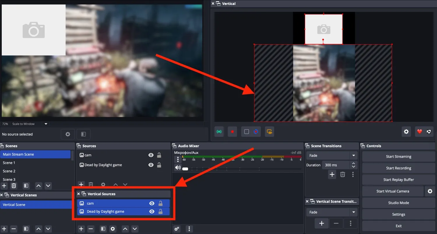 Setting up the vertical scene in OBS for recording