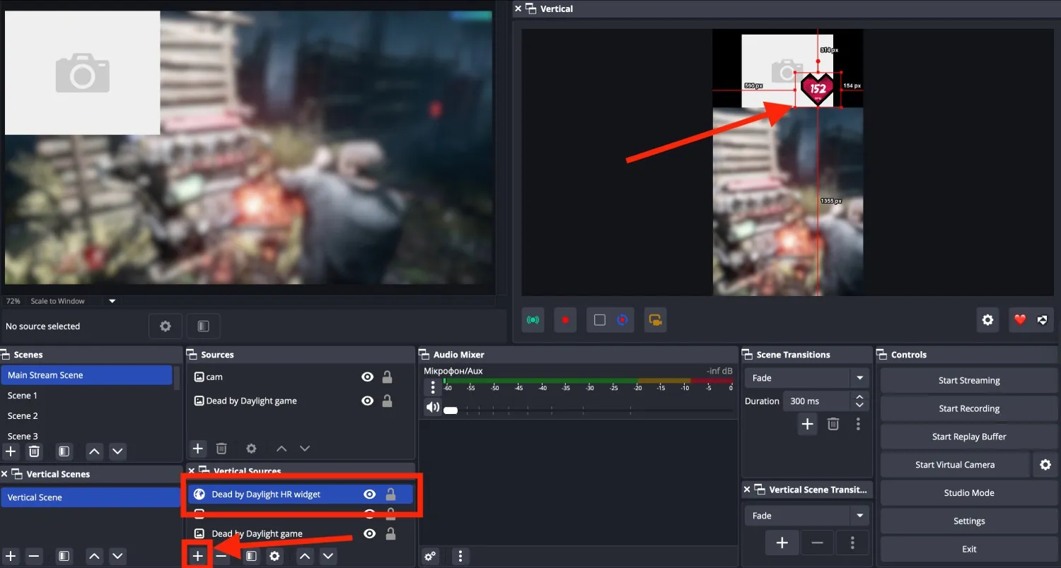 adding the heart rate widget to the vertical scene in OBS