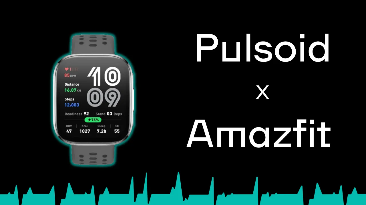 Amazfit smartwatch on black background with teal glow and heartbeat line, beside text Pulsioid x Amazfit.