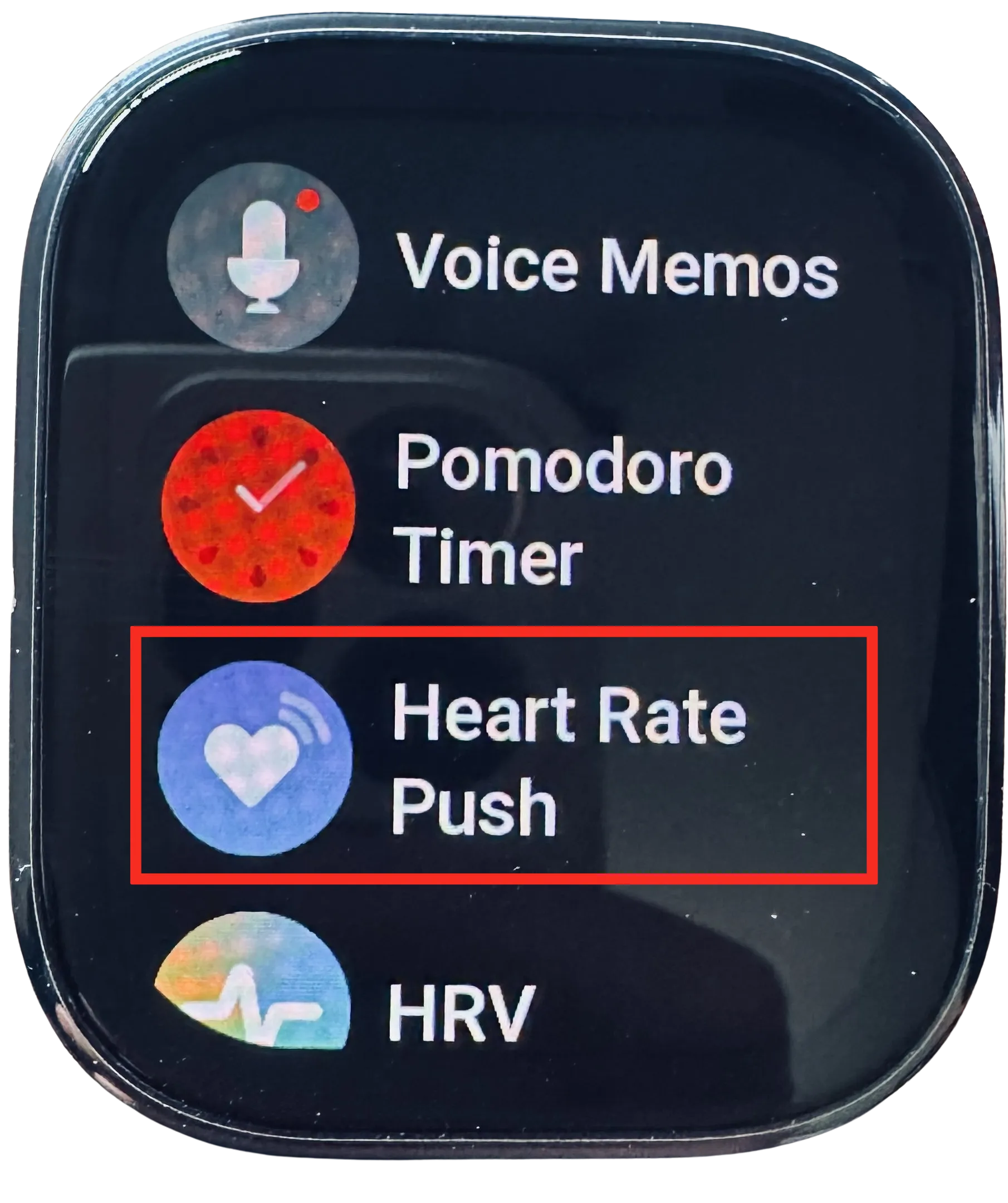 Amazfit Bip 6 screen showing apps: Voice Memos, Pomodoro Timer, Heart Rate Push, HRV. Heart Rate Push highlighted in a red box.