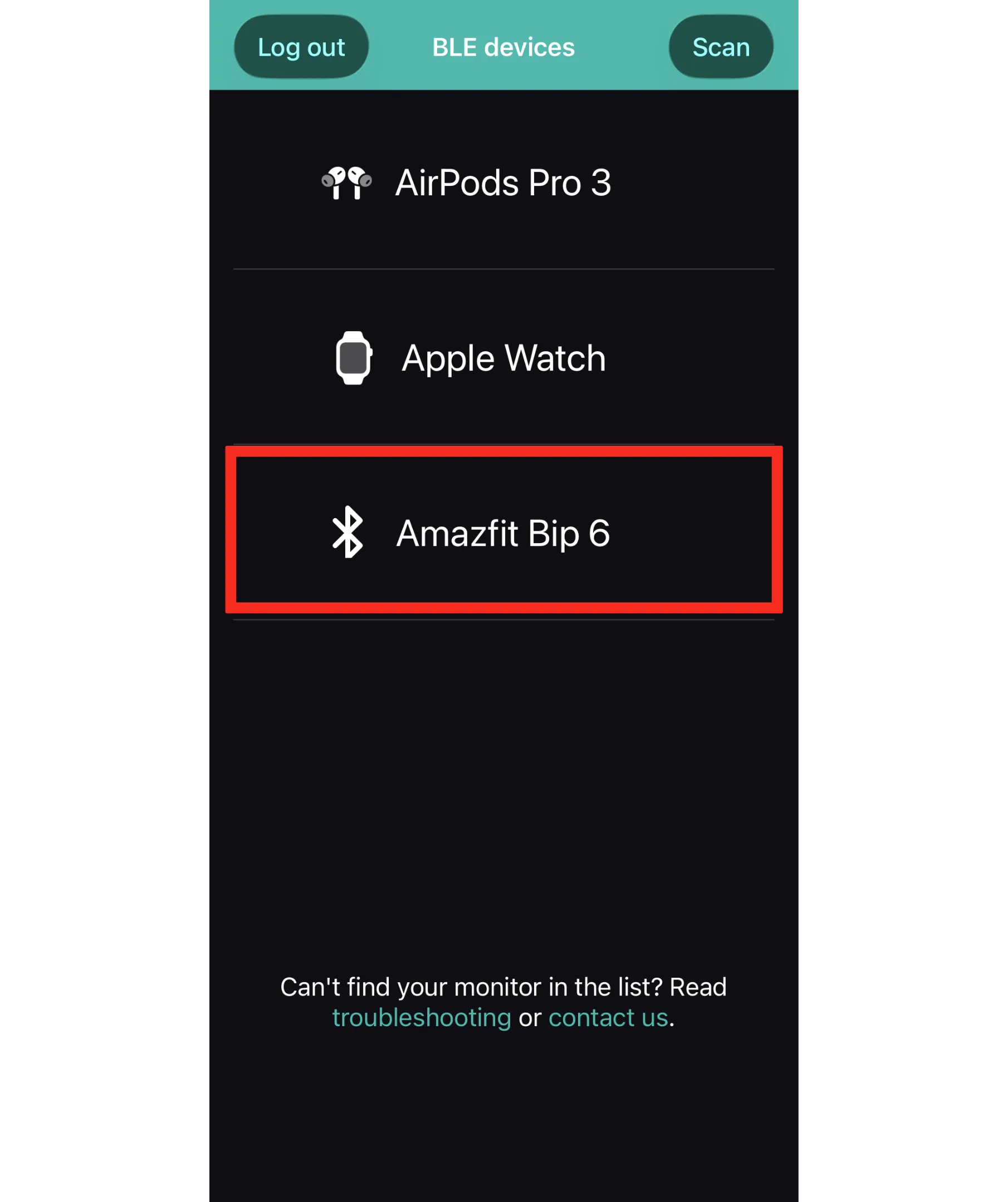 Pulsoid the BLE devices list showing AirPods Pro 3, Apple Watch, and Amazfit Bip 6 highlighted.