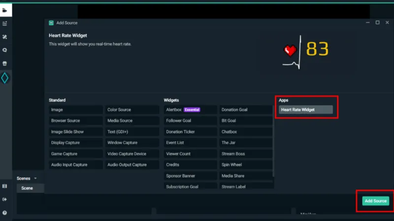 Add Heart Rate widget source to Streamlabs OBS scene