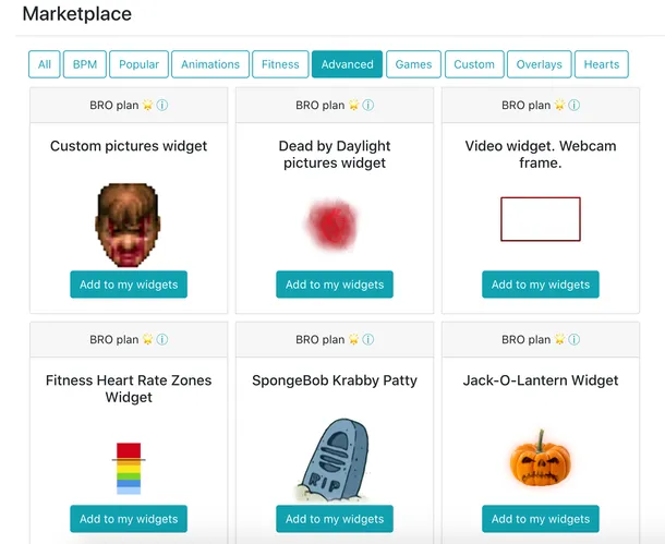 Marketplace with filters. Easily find the best widget for your live stream