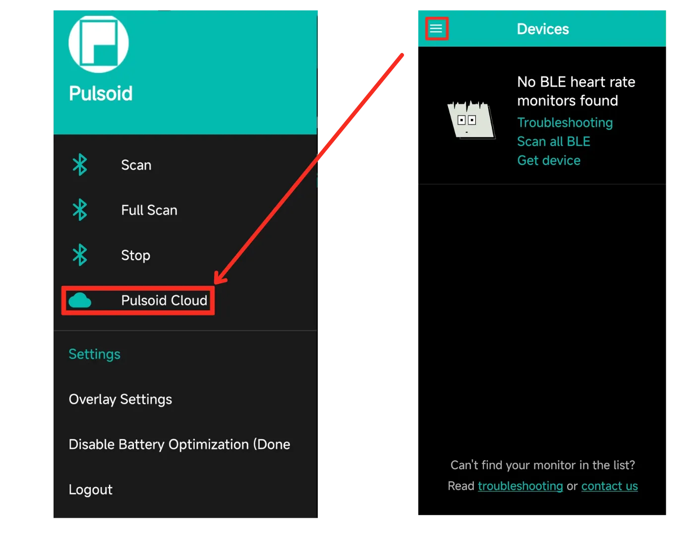 Pulsoid Android app screenshot with side menu highlighting Pulsoid Cloud
