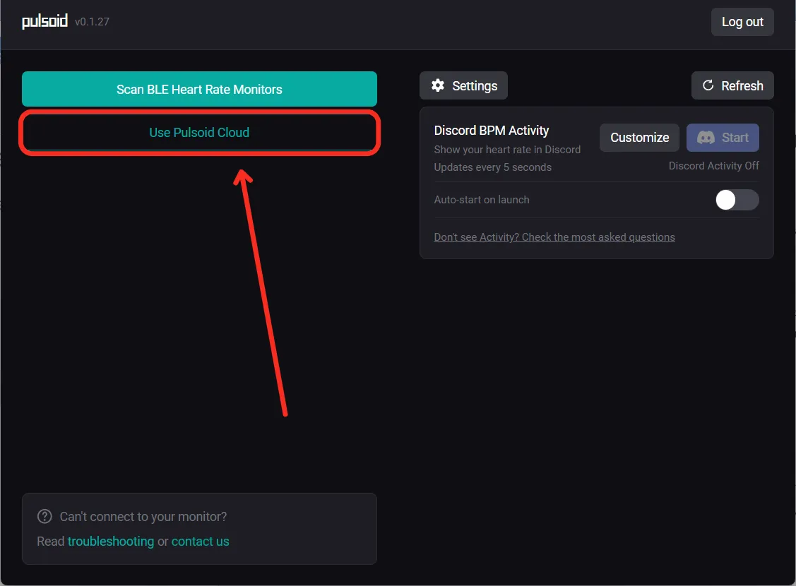 Pulsoid Windows app screen with a red arrow pointing to Use Pulsoid Cloud