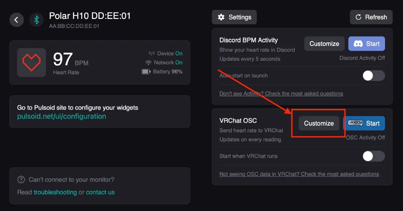 Pulsoid Desktop OSC section with Customize button for VRChat heart rate settings