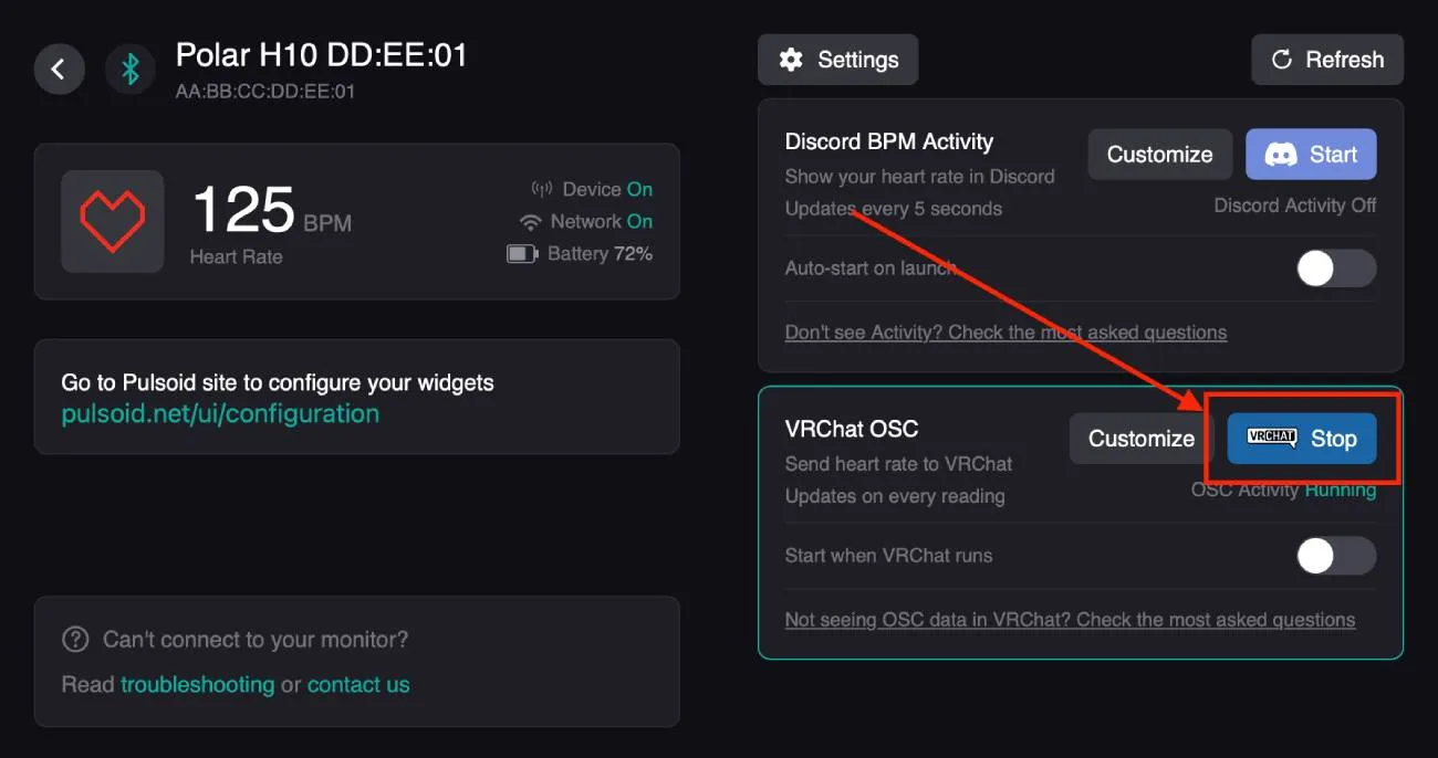 Pulsoid Desktop OSC section with Start button to send live heart rate to VRChat
