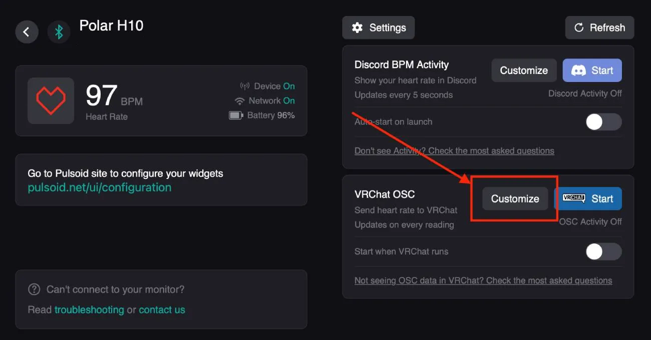 Polar H10 dashboard shows 97 BPM, battery 96%, and Discord/VRChat OSC settings; red arrow highlights Customize.
