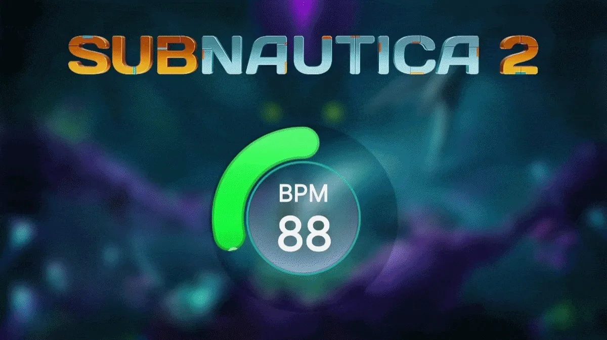 Underwater-themed graphic with “SUBNAUTICA 2” text at top, glowing hearts on a gauge showing “BPM 83.” Vibrant blues and purples.