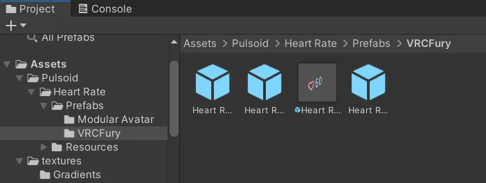 Unity の Assets フォルダ内の Pulsoid 心拍数プレハブ