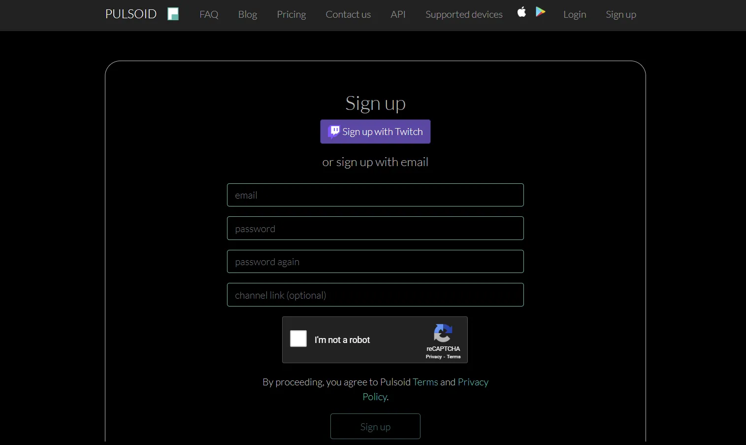 Pulsoid.net sign-up page Pulsoid.net sign-up page